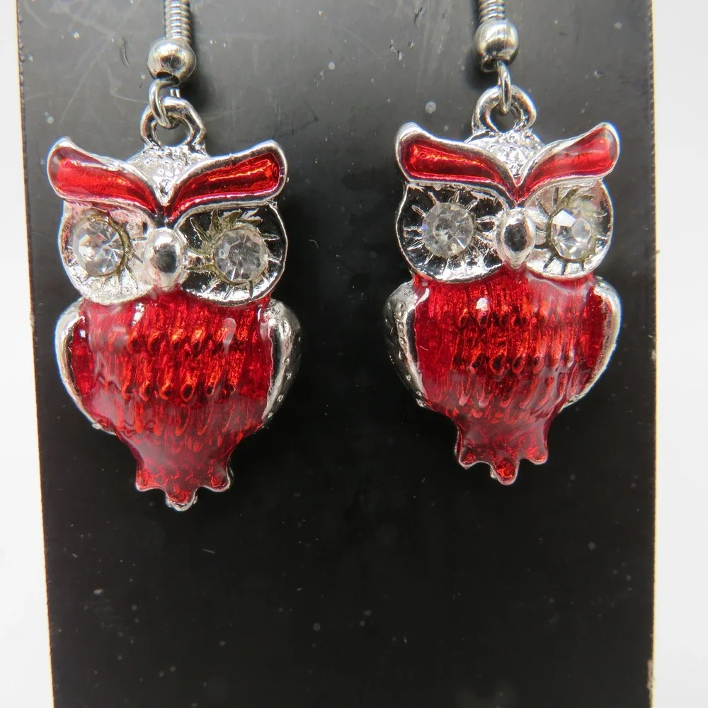 Red Owl Enamel Jewelry Set Necklace and Earrings Rhinestone Eyes 16 Inch
